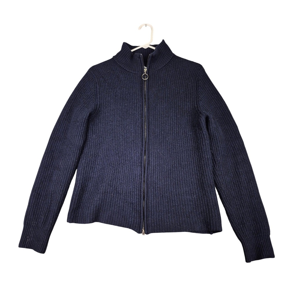 Maison Standards Paris Mens Navy Blue Ribbed Full Zip Mock Neck Cardigan Sweater